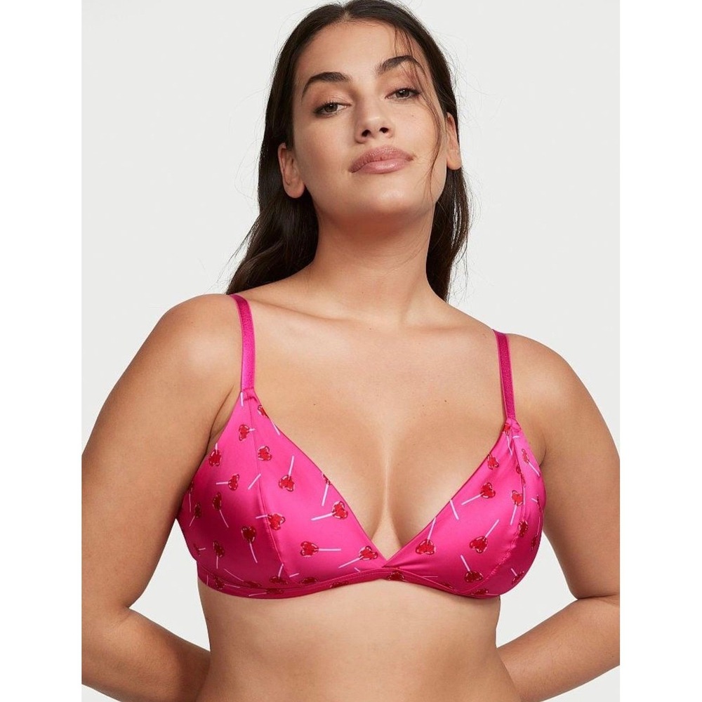 Victorias Secret Tease Bralette Pink Heart Lollipop Satin Triangle Bra Medium
